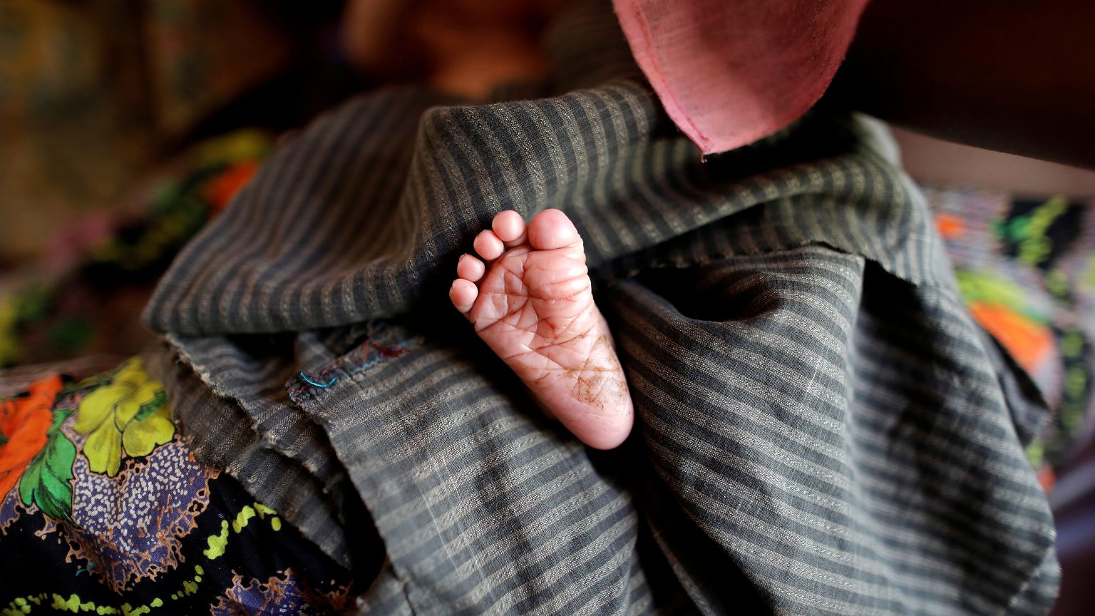 A foot of the new born Rohingya baby is pictured at a medical center in Kut