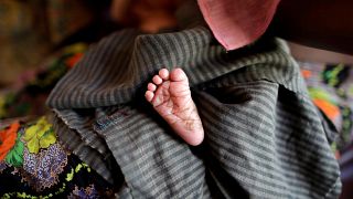 A foot of the new born Rohingya baby is pictured at a medical center in Kut