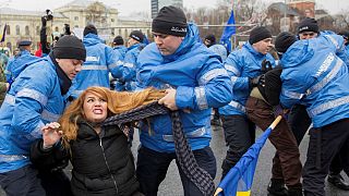 A protester struggles with police during an anti-government demonstration
