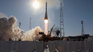 The Soyuz MS-07 spacecraft takes off from the Baikonur Cosmodrome