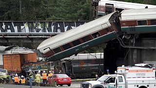 The scene where an Amtrak passenger train derailed in DuPont