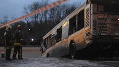 A view shows the scene of an incident involving a passenger bus