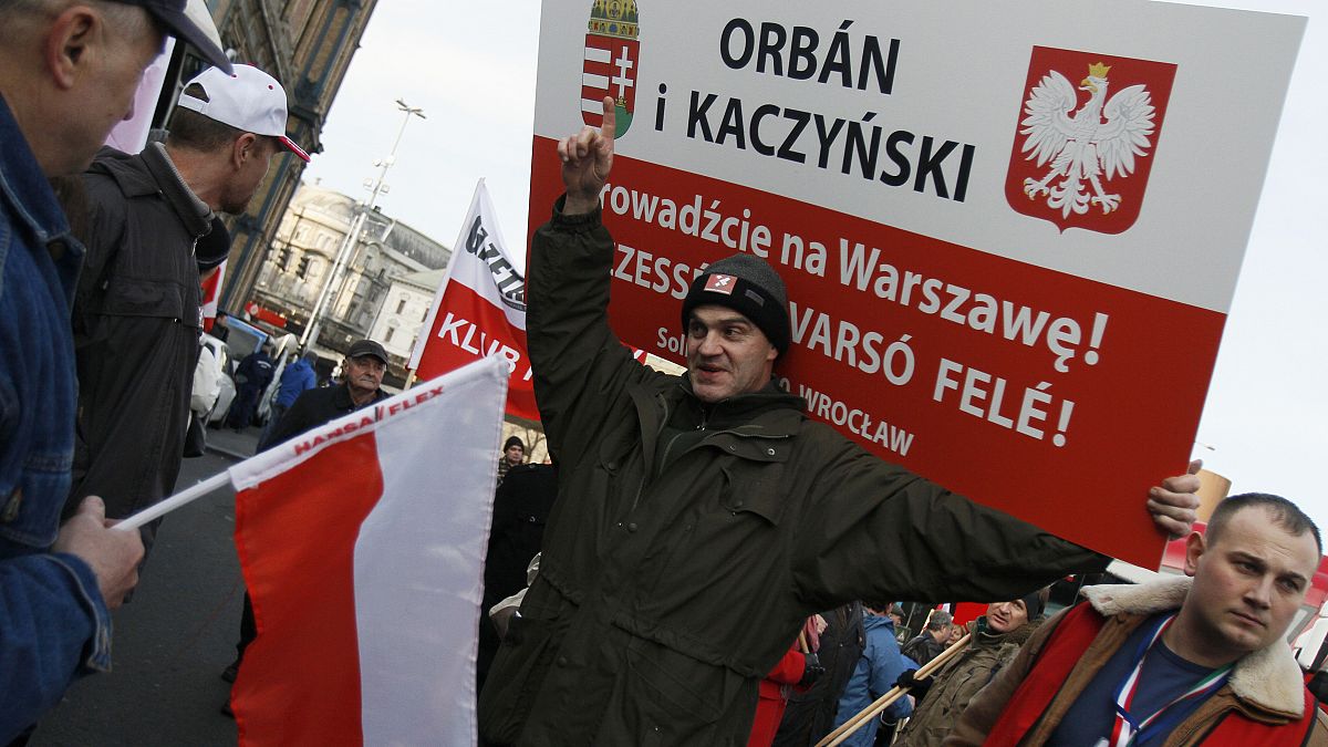 A Polish supporter of Hungary's Prime Minister Viktor Orban, Budapest, 2012