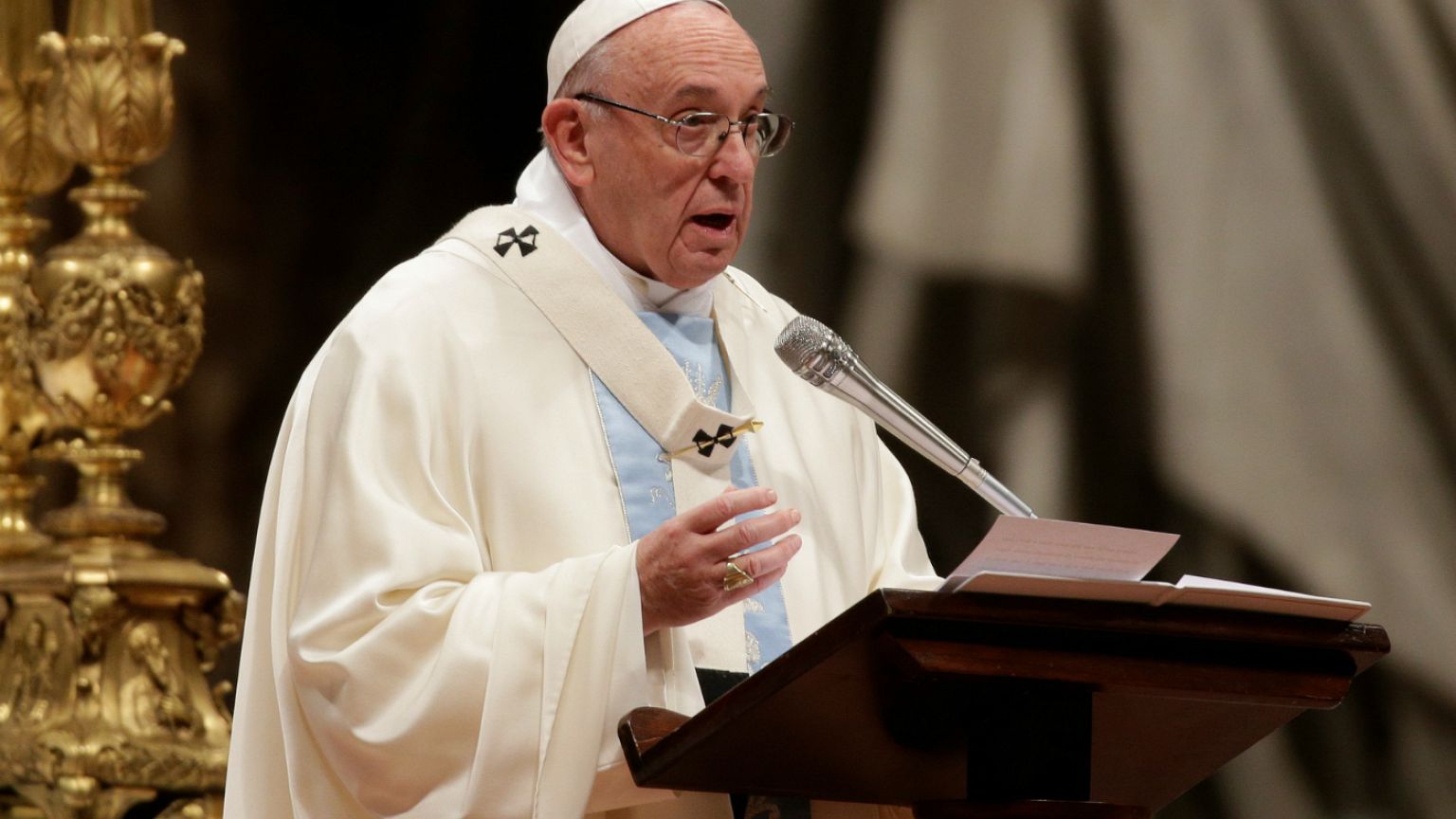 Pope Francis speaks as he leads a mass to mark the World Day of Peace