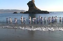 Chilly swim for karate kids in Japan
