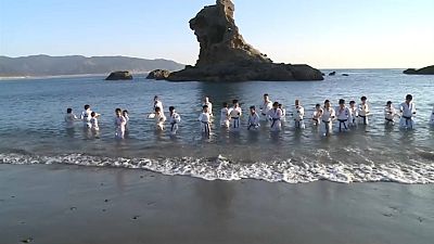 Chilly swim for karate kids in Japan