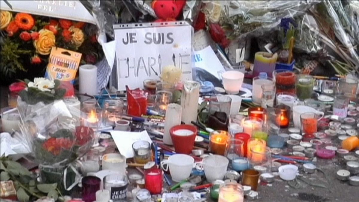 Candles and flowers at a makeshift memorial for Charlie Hebdo