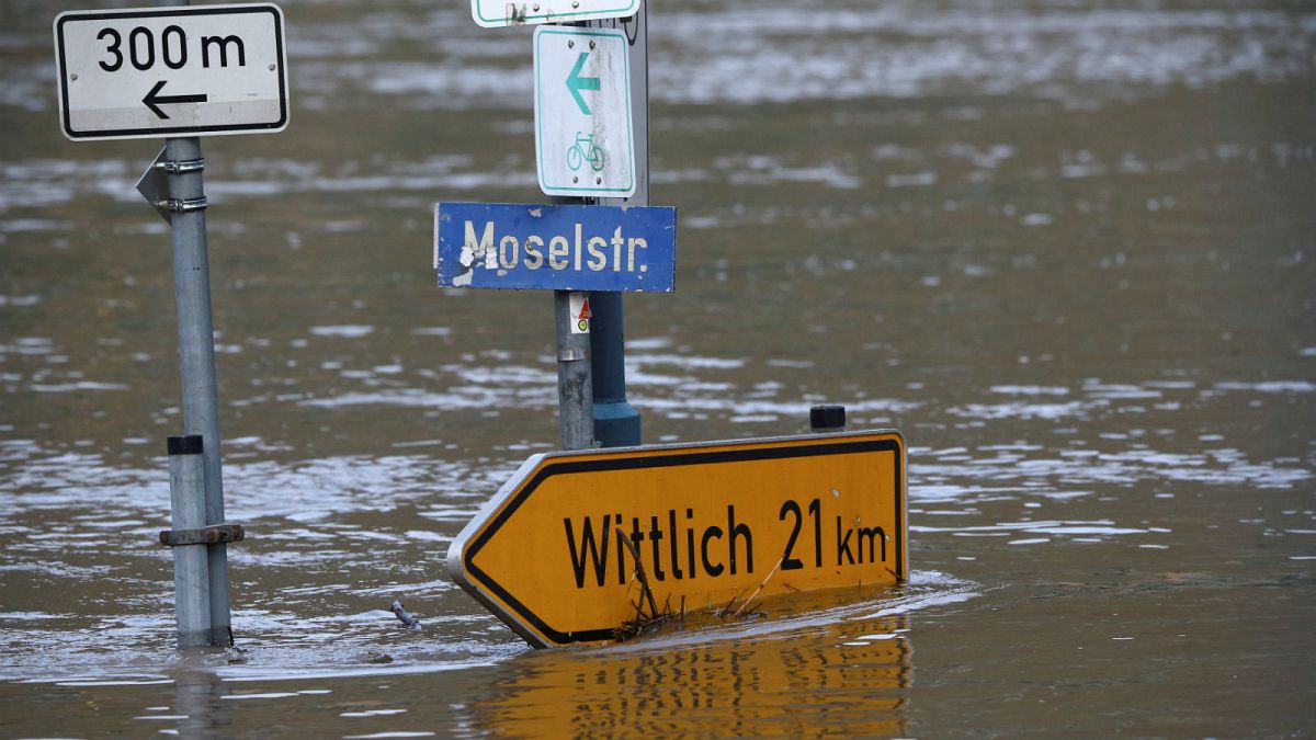 Street sign in Germany flooded by the river Moselle