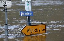 Street sign in Germany flooded by the river Moselle
