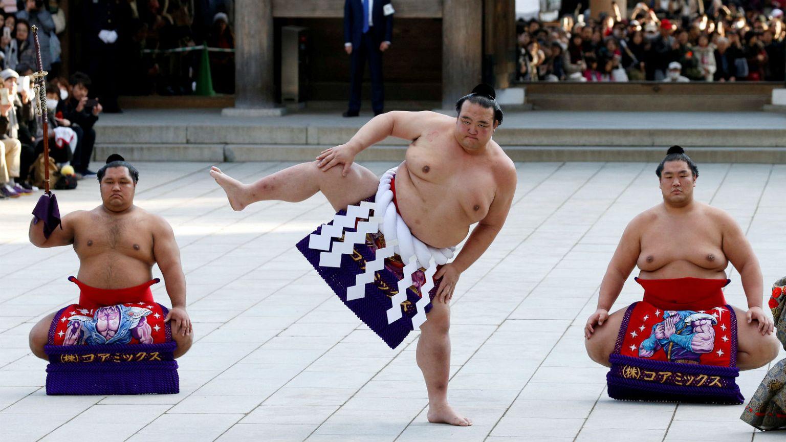 Yokozuna Kisenosato performs the ring-entering rite at Meiji Shrine, Tokyo
