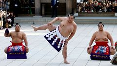 Yokozuna Kisenosato performs the ring-entering rite at Meiji Shrine, Tokyo