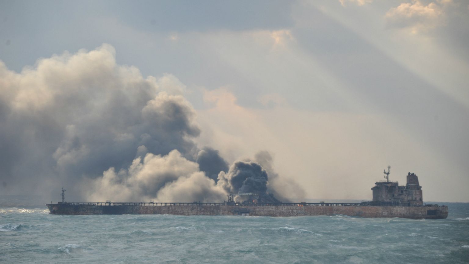 Smoke is seen from the Sanchi tanker