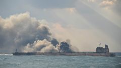Smoke is seen from the Sanchi tanker