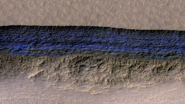 A cross-section of Mars' underground ice shown in blue on this NASA image A cross-section of Mars' underground ice shown in blue on this NASA image