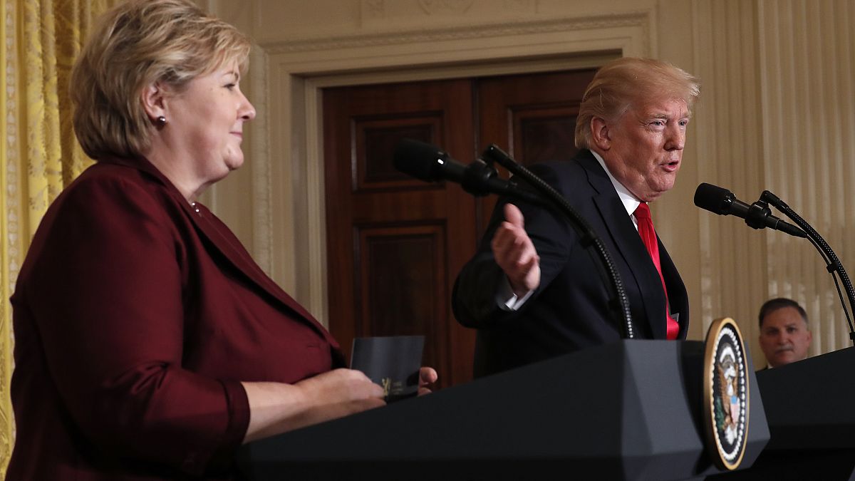 U.S. President Donald Trump speaks as Norwegian Prime Minister Erna Solberg