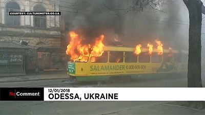 Incêndio num elétrico em Odessa