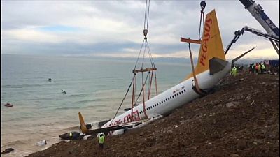 Turkish engineers salvage Pegasus airlines plane which veered off runway