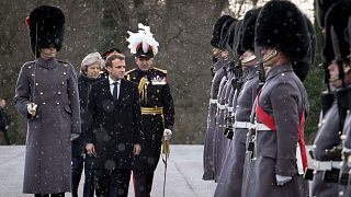 French President Emmanuel Macron inspects troops at Sandhurst