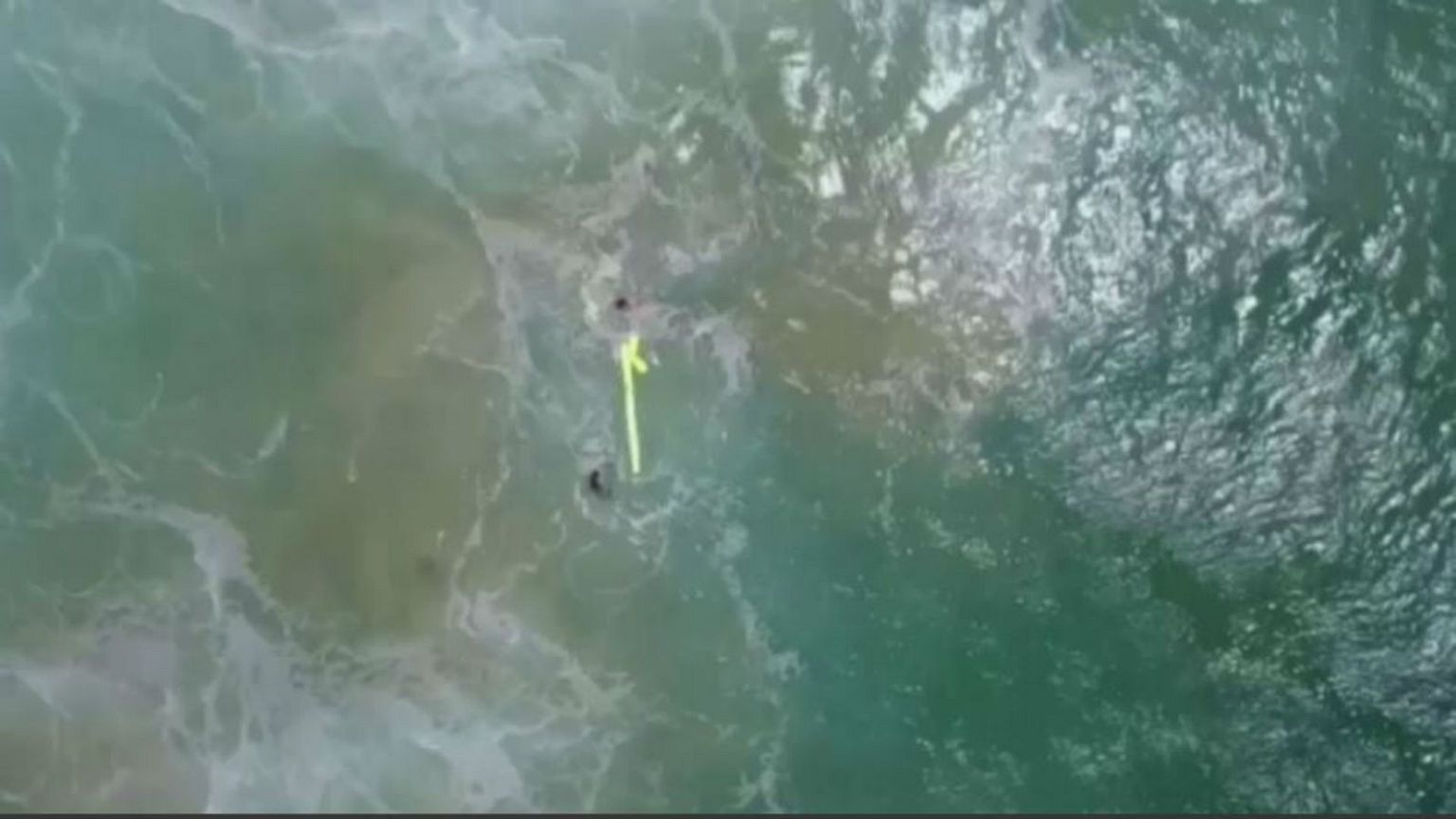 The pair of swimmers grab hold of a flotation device in the sea