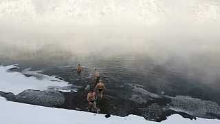 Members of the Dolphin winter swimming club enter the icy water