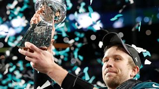 Philadelphia Eagles quarterback Nick Foles lifts Super Bowl LII