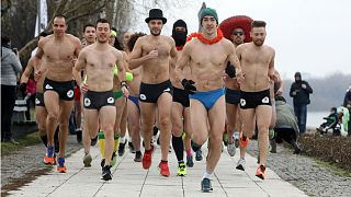 Near-naked runners take on freezing winds in Serbia's Underwear Race