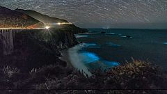 Glowing phytoplankton light up California coast.