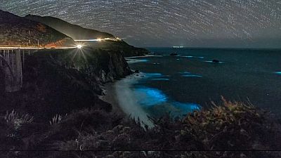 Glowing phytoplankton light up California coast.