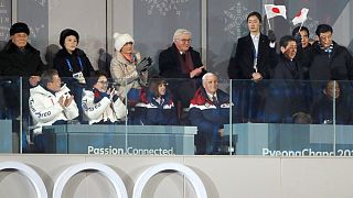 Kim Yo Jong a escassos metros de Mike Pense e de Shinzo Abe