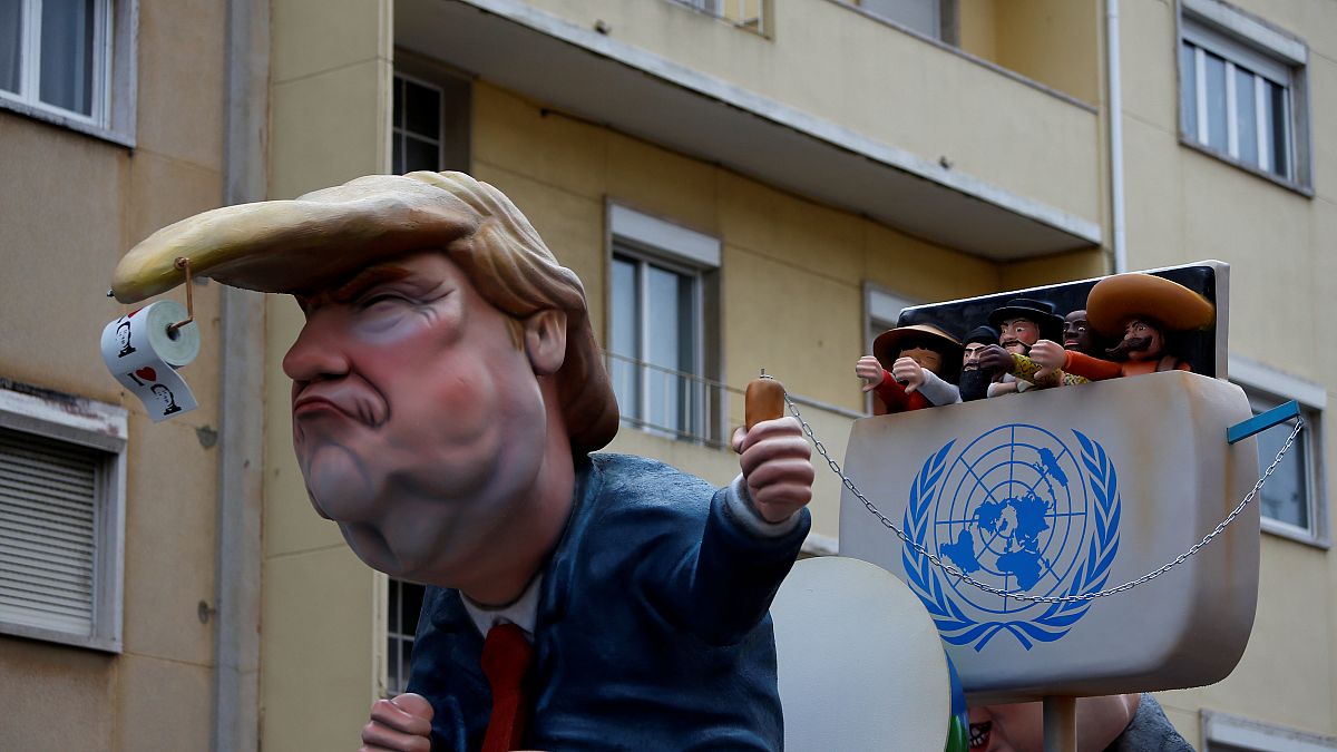 A carnival chariot is seen with a figure of U.S. President Donald Trump