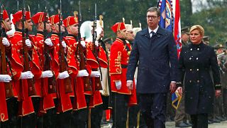 Serbian President Vucic with Croatia's President Grabar Kitarovic in Zagreb