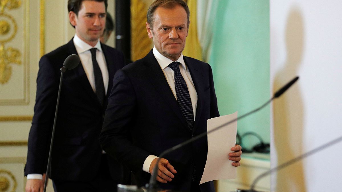 Sebastian Kurz (L) and Donald Tusk arrive for a media statement in Vienna