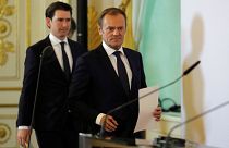 Sebastian Kurz (L) and Donald Tusk arrive for a media statement in Vienna