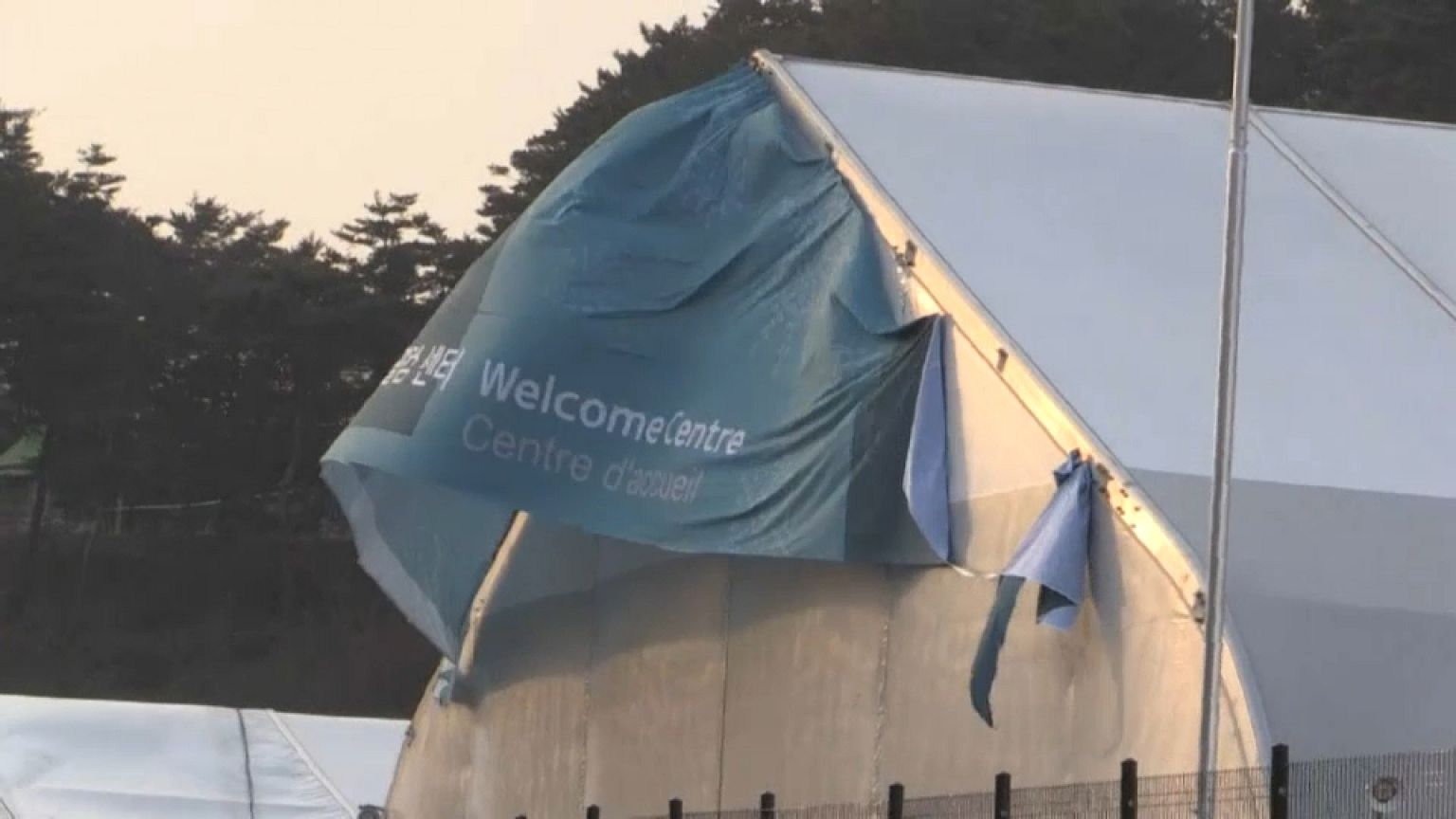 Tent flaps in high winds at Winter Olympics in South Korea