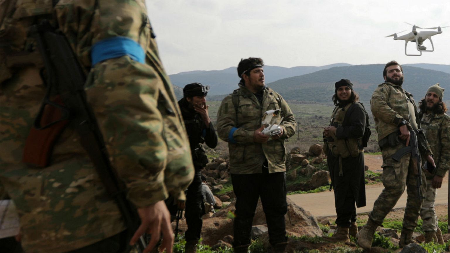 Turkish-backed Free Syrian Army fighters fly a drone in Northern Afrin 