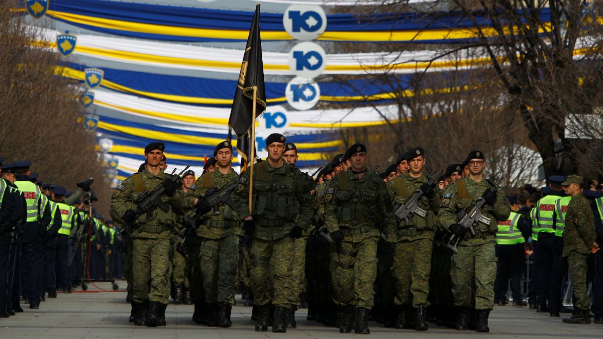 Kosovo security forces parade in the capital Pristina, February 18, 2018. 