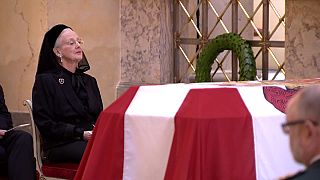 Danish Queen Magrethe next to husband Prince Henrik's coffin