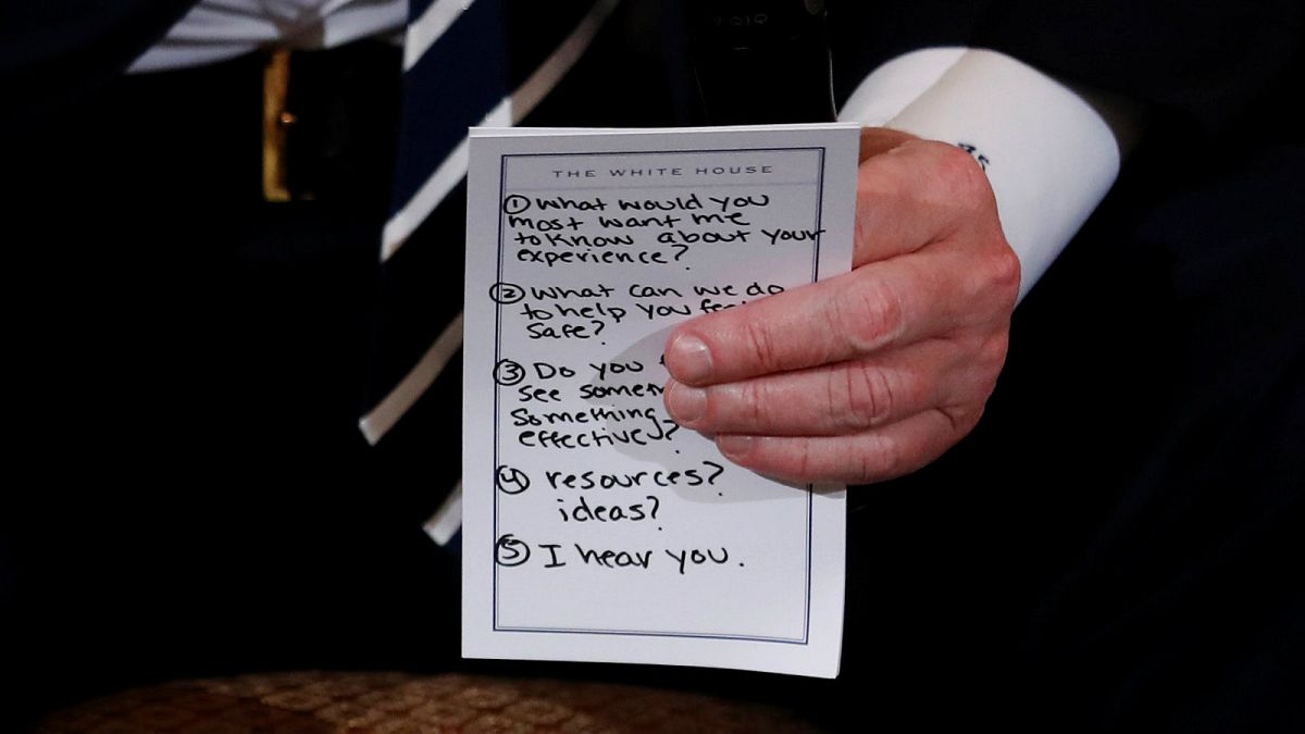 Trump reveals 'cheat sheet' on empathy at meeting with shooting survivors