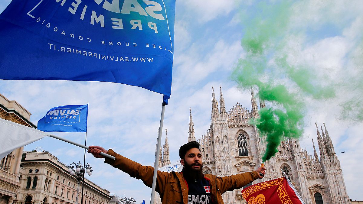 An Italian Northern League supporter during a rally in Milan on Febuary 24