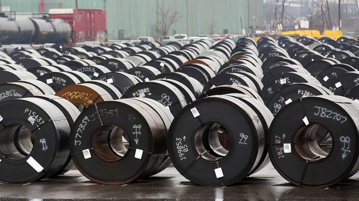 Stored rolls of steel are seen outside the ArcelorMittal Dofasco plant 