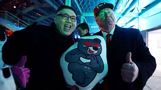 Trump and Kim Jong Un impersonators at the Pyeongchang Games, February 25