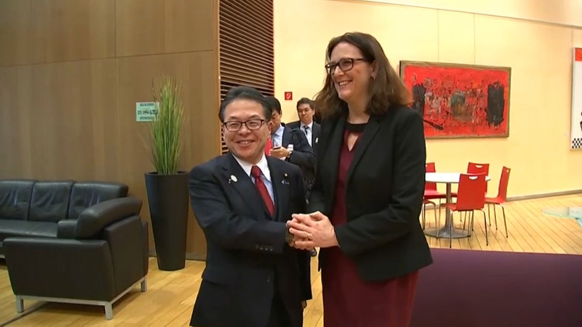 Japanese Trade Minister Hiroshige Seko and EU trade chief Cecilia Malmstrom