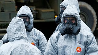 Soldiers wearing protective clothing in Salisbury, England.