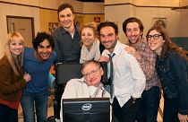 Stephen Hawking poses with the cast of the Big Bang Theory