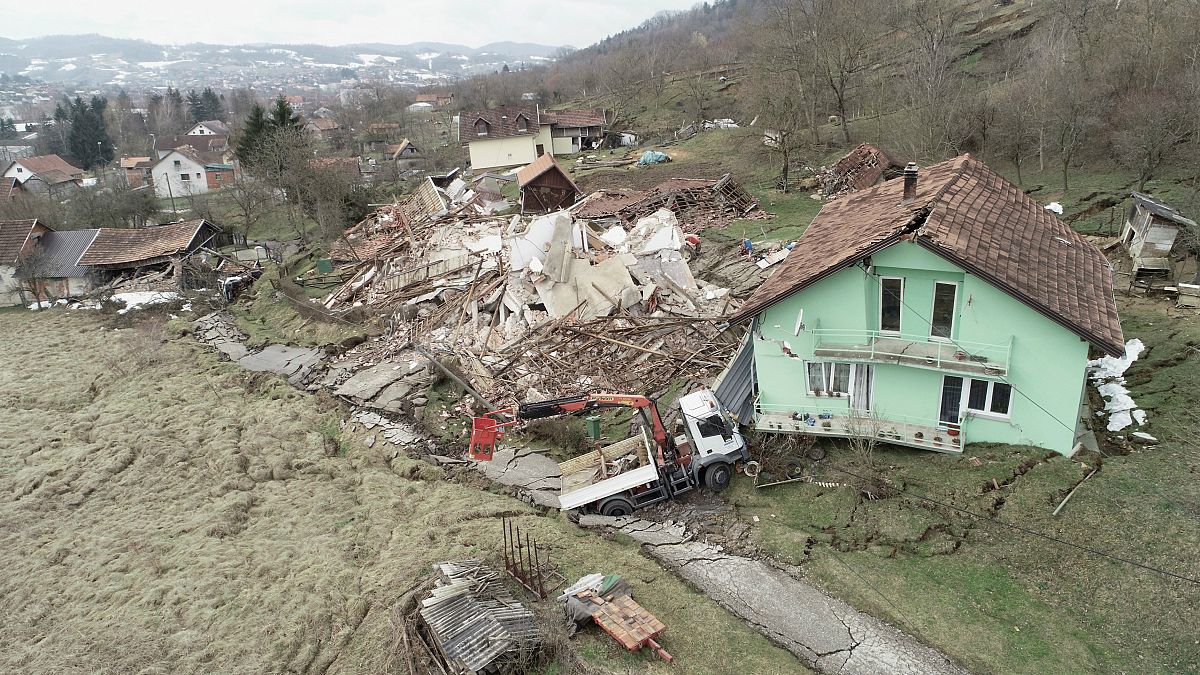Houses destroyed by landslide are seen in Croatia