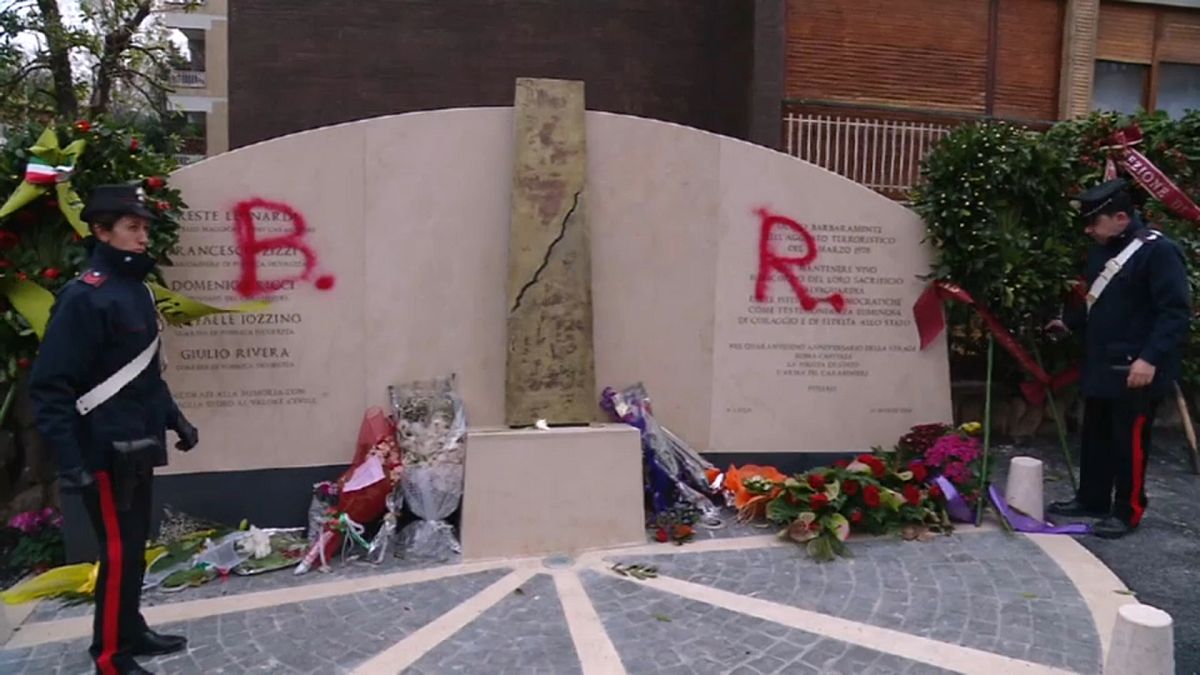 Scritta "BR" sul monumento di via Fani 