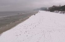 A praia de Miedzyzdroje, no Mar Báltico, coberta de branco