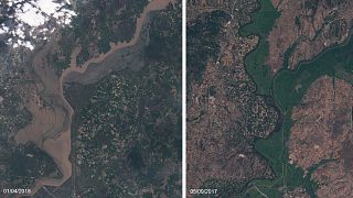 El río Maritsa en noviembre (dcha) y el pasado 1 de abril.