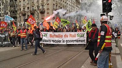 Rail workers protest in Lyon, France, against government reform proposals.