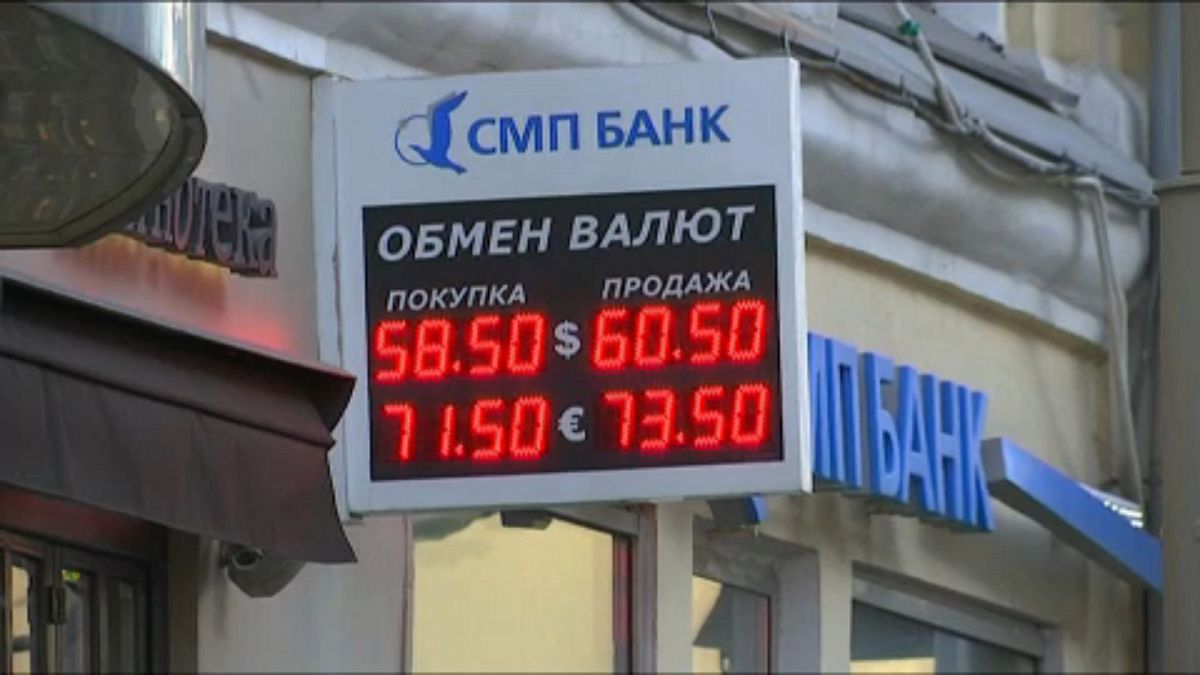 Exchange rates shown on a screen in Moscow
